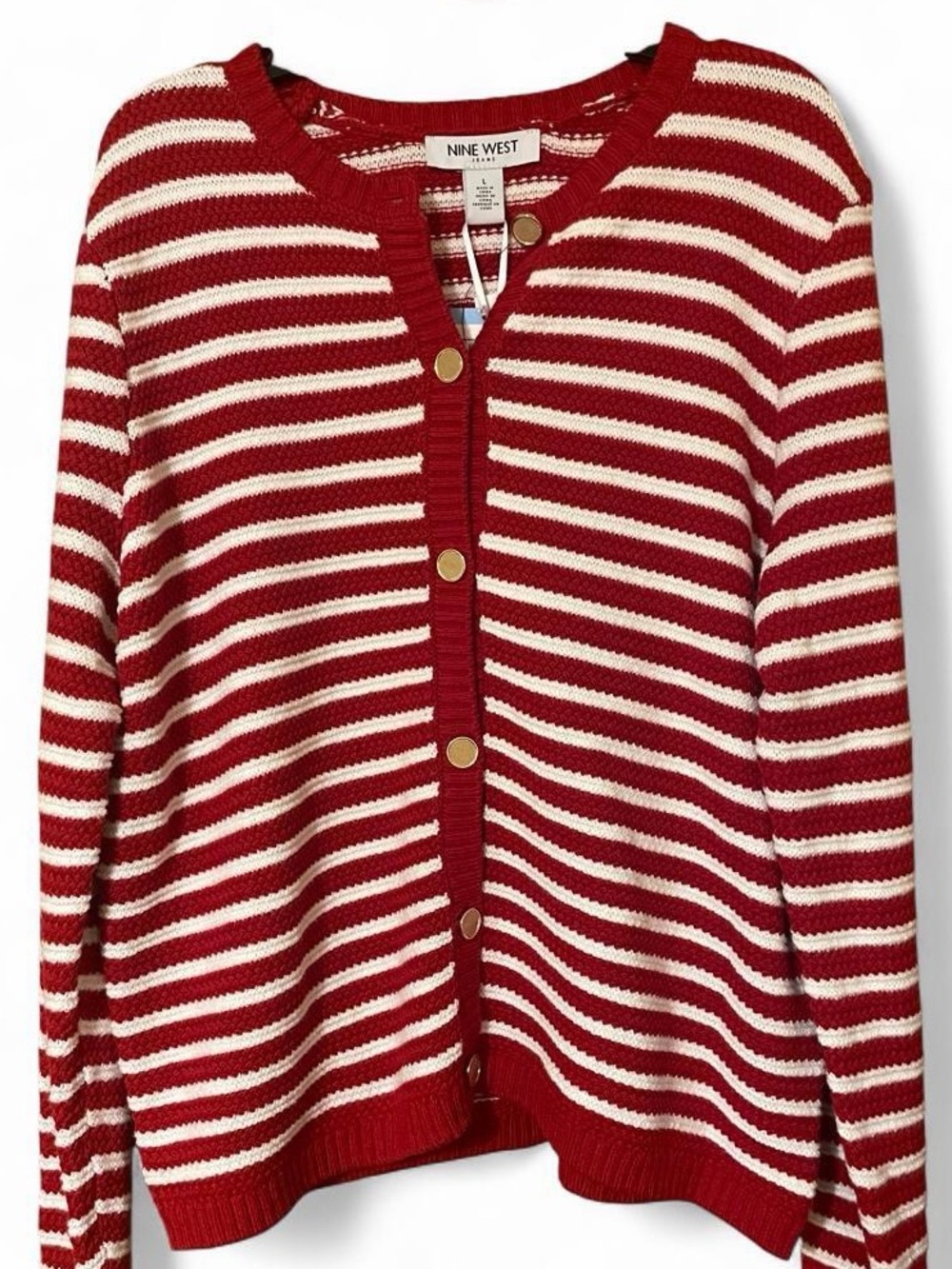 Nine West Red and White Striped Button-Front Cardigan